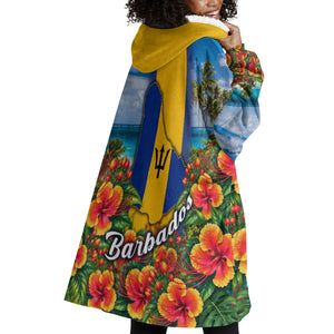Barbados Trident Coat Of Arms Wearable Blanket Hoodie Caribbean Pride Tropical Beach Floral Map