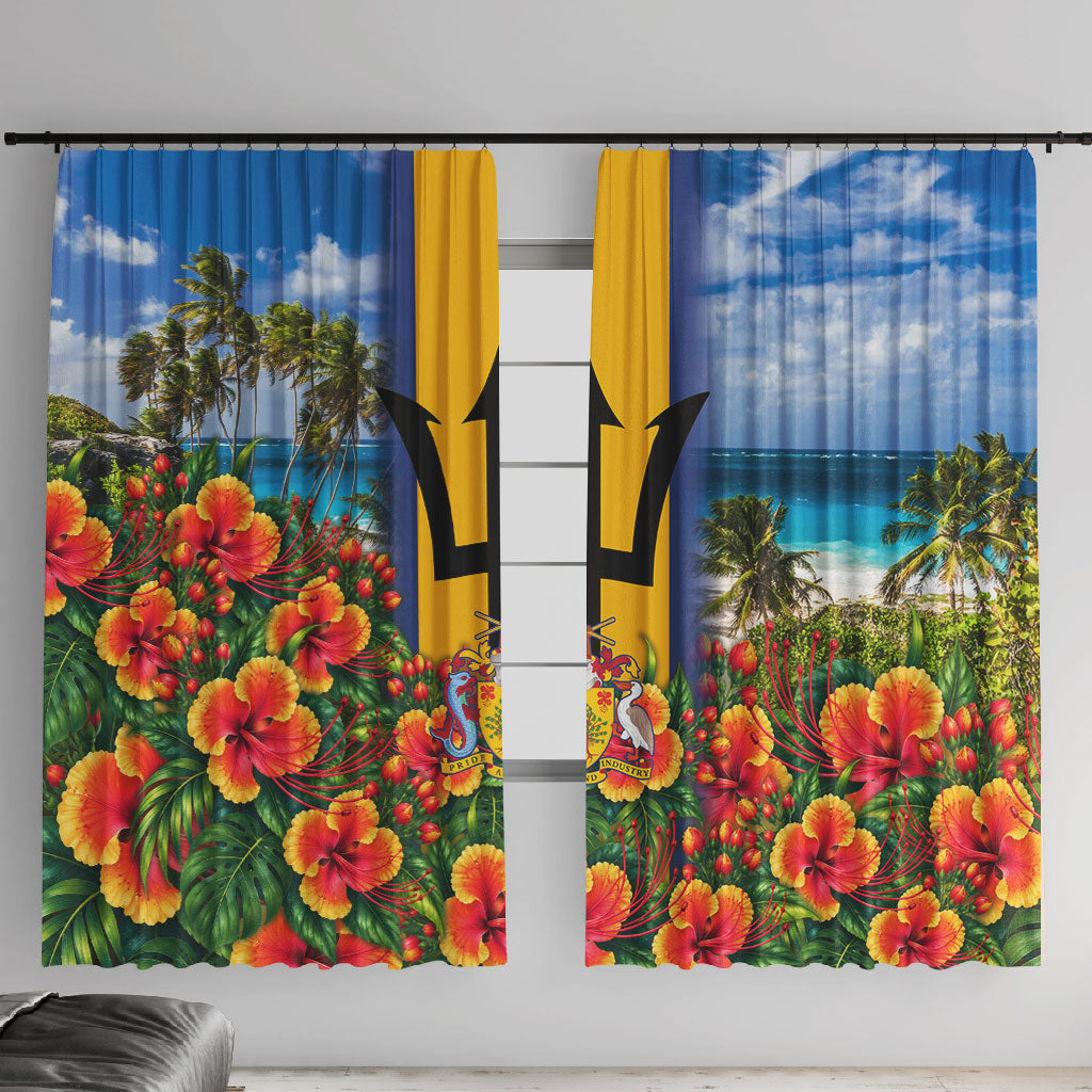 Barbados Trident Coat Of Arms Window Curtain Caribbean Pride Tropical Beach Floral Map
