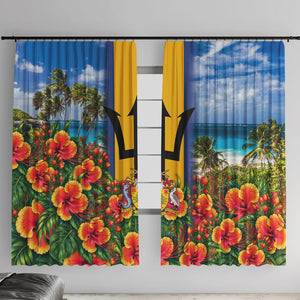 Barbados Trident Coat Of Arms Window Curtain Caribbean Pride Tropical Beach Floral Map