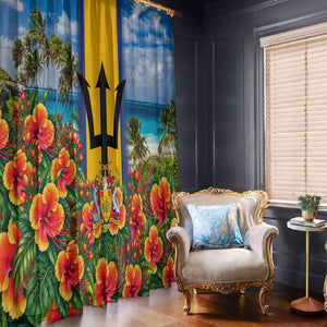 Barbados Trident Coat Of Arms Window Curtain Caribbean Pride Tropical Beach Floral Map