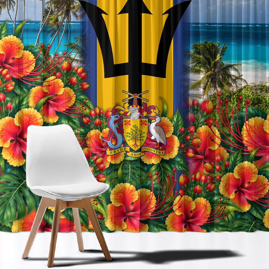 Barbados Trident Coat Of Arms Window Curtain Caribbean Pride Tropical Beach Floral Map