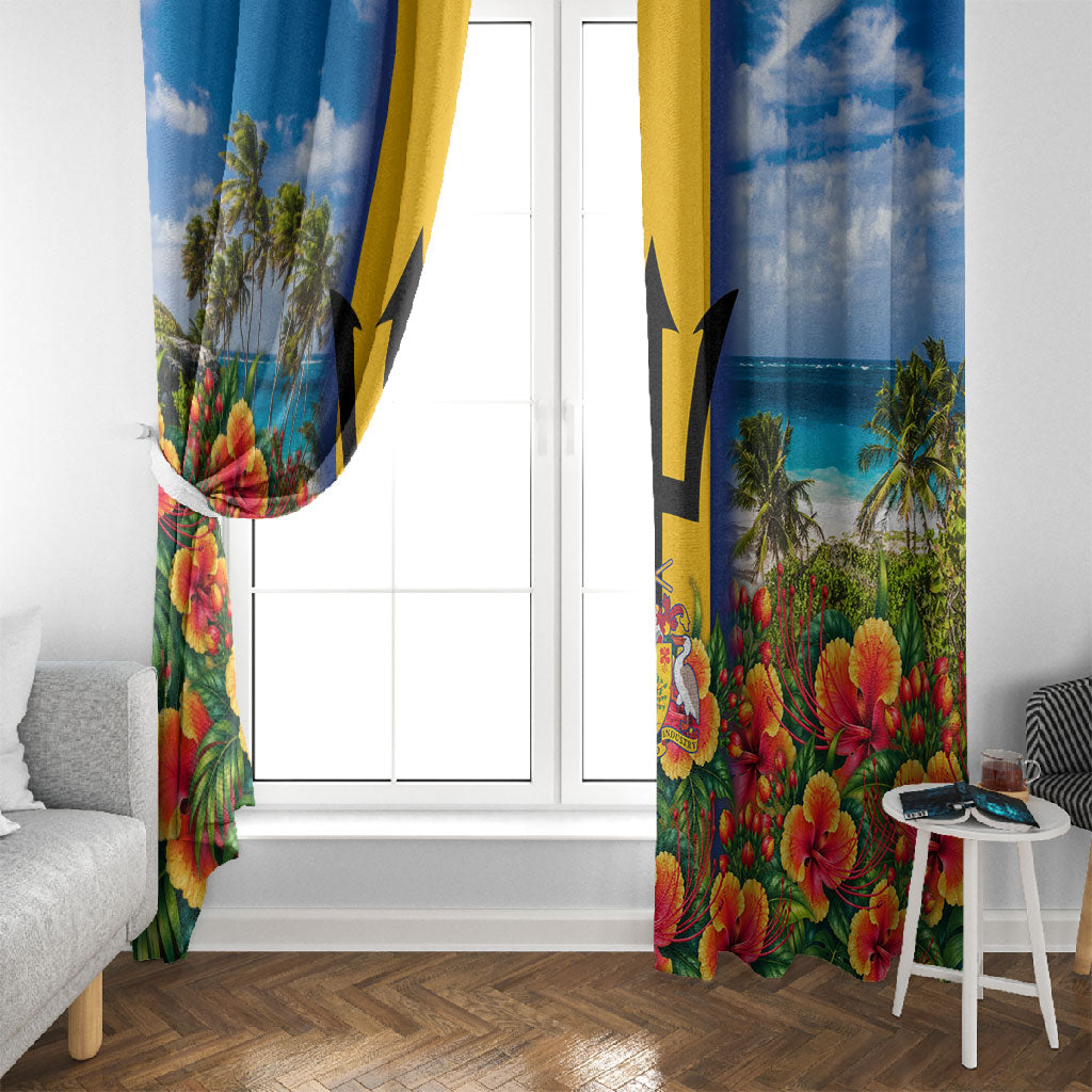 Barbados Trident Coat Of Arms Window Curtain Caribbean Pride Tropical Beach Floral Map