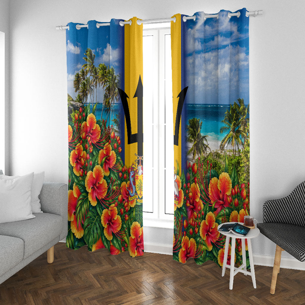 Barbados Trident Coat Of Arms Window Curtain Caribbean Pride Tropical Beach Floral Map
