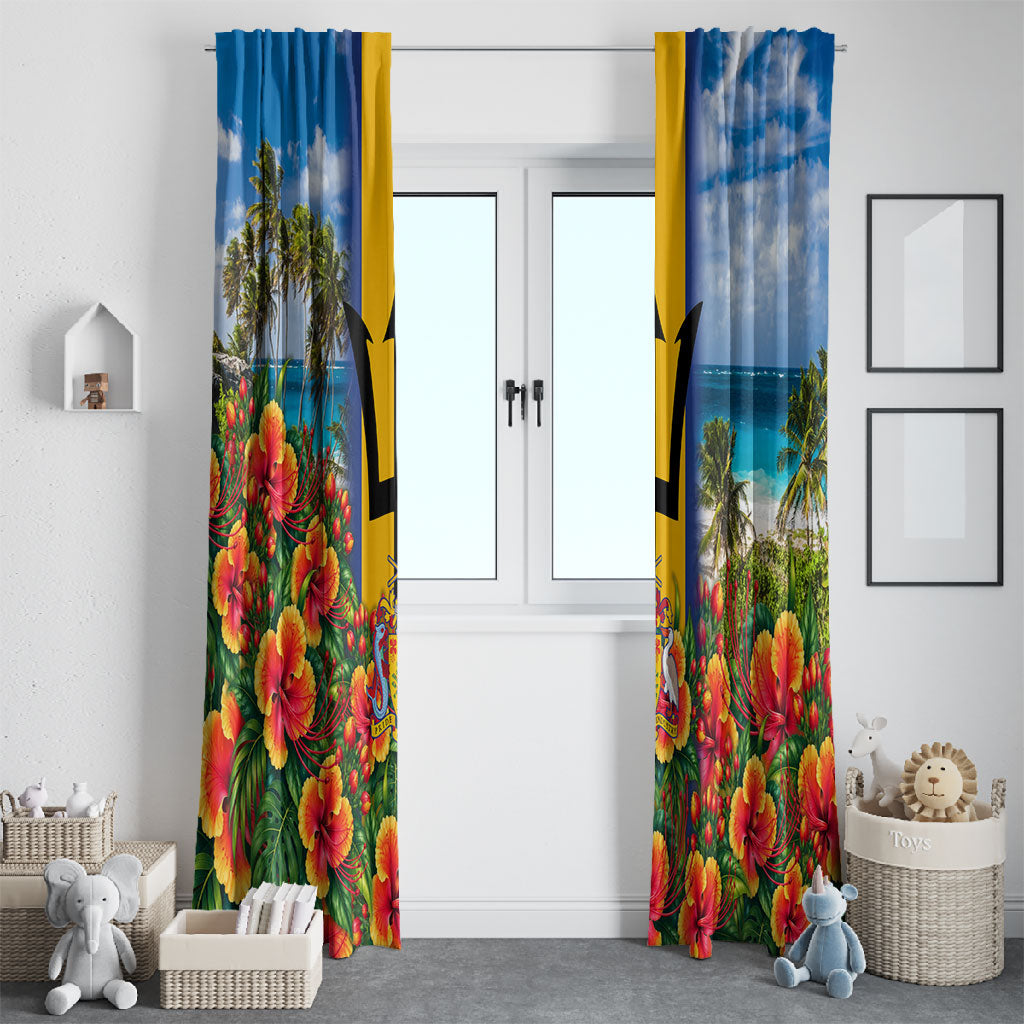 Barbados Trident Coat Of Arms Window Curtain Caribbean Pride Tropical Beach Floral Map