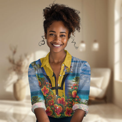 Barbados Trident Coat Of Arms Women Casual Shirt Caribbean Pride Tropical Beach Floral Map