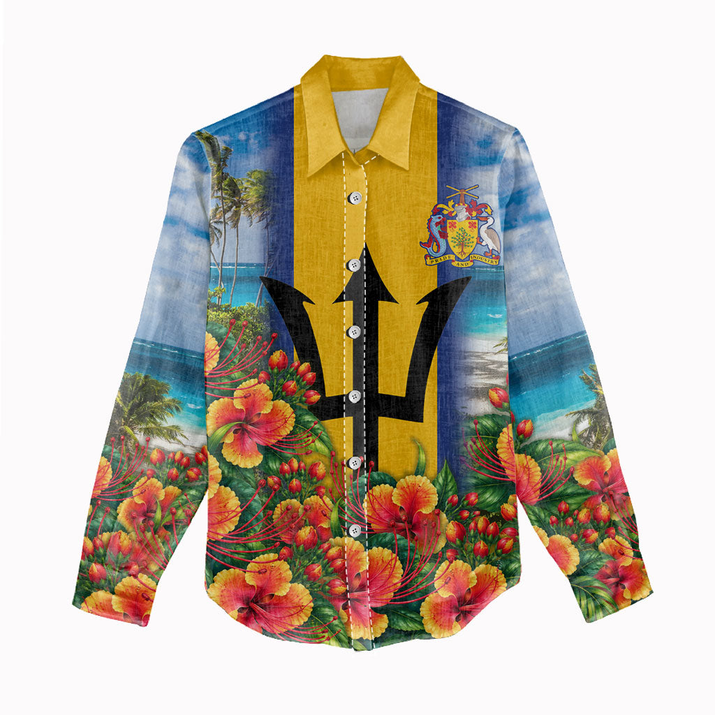 Barbados Trident Coat Of Arms Women Casual Shirt Caribbean Pride Tropical Beach Floral Map