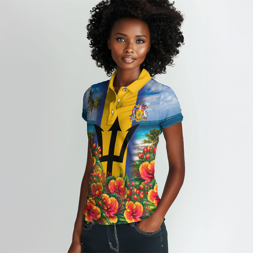 Barbados Trident Coat Of Arms Women Polo Shirt Caribbean Pride Tropical Beach Floral Map