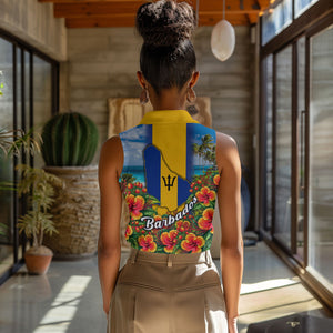 Barbados Trident Coat Of Arms Women Sleeveless Polo Shirt Caribbean Pride Tropical Beach Floral Map