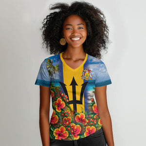 Barbados Trident Coat Of Arms Women V-Neck T-Shirt Caribbean Pride Tropical Beach Floral Map