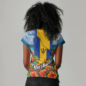 Barbados Trident Coat Of Arms Women V-Neck T-Shirt Caribbean Pride Tropical Beach Floral Map