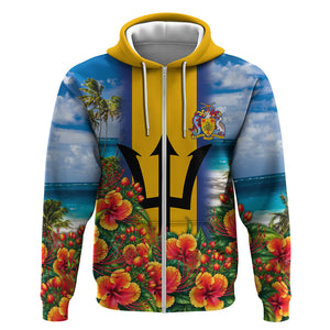 Barbados Trident Coat Of Arms Zip Hoodie Caribbean Pride Tropical Beach Floral Map