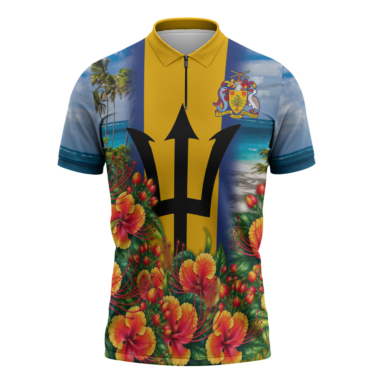 Barbados Trident Coat Of Arms Zipper Polo Shirt Caribbean Pride Tropical Beach Floral Map