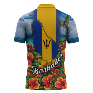 Barbados Trident Coat Of Arms Zipper Polo Shirt Caribbean Pride Tropical Beach Floral Map