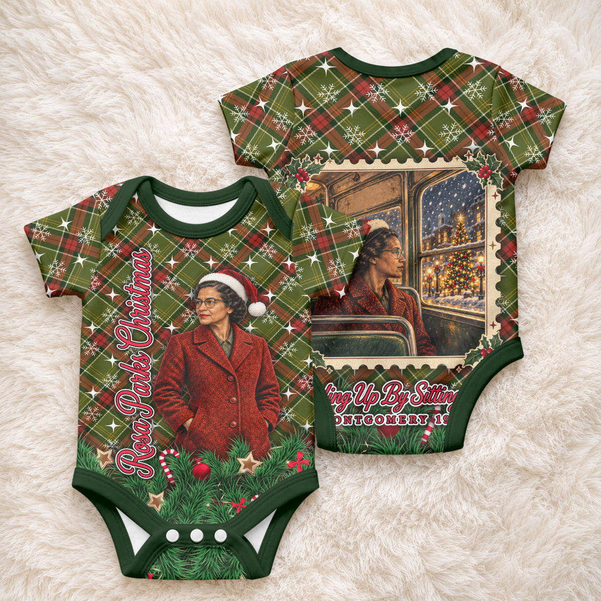 Rosa Parks Christmas Baby Onesie Plaid Festive Stamp Vintage Civil Rights Legend