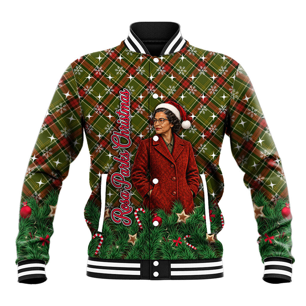 Rosa Parks Christmas Baseball Jacket Plaid Festive Stamp Vintage Civil Rights Legend