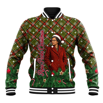 Rosa Parks Christmas Baseball Jacket Plaid Festive Stamp Vintage Civil Rights Legend