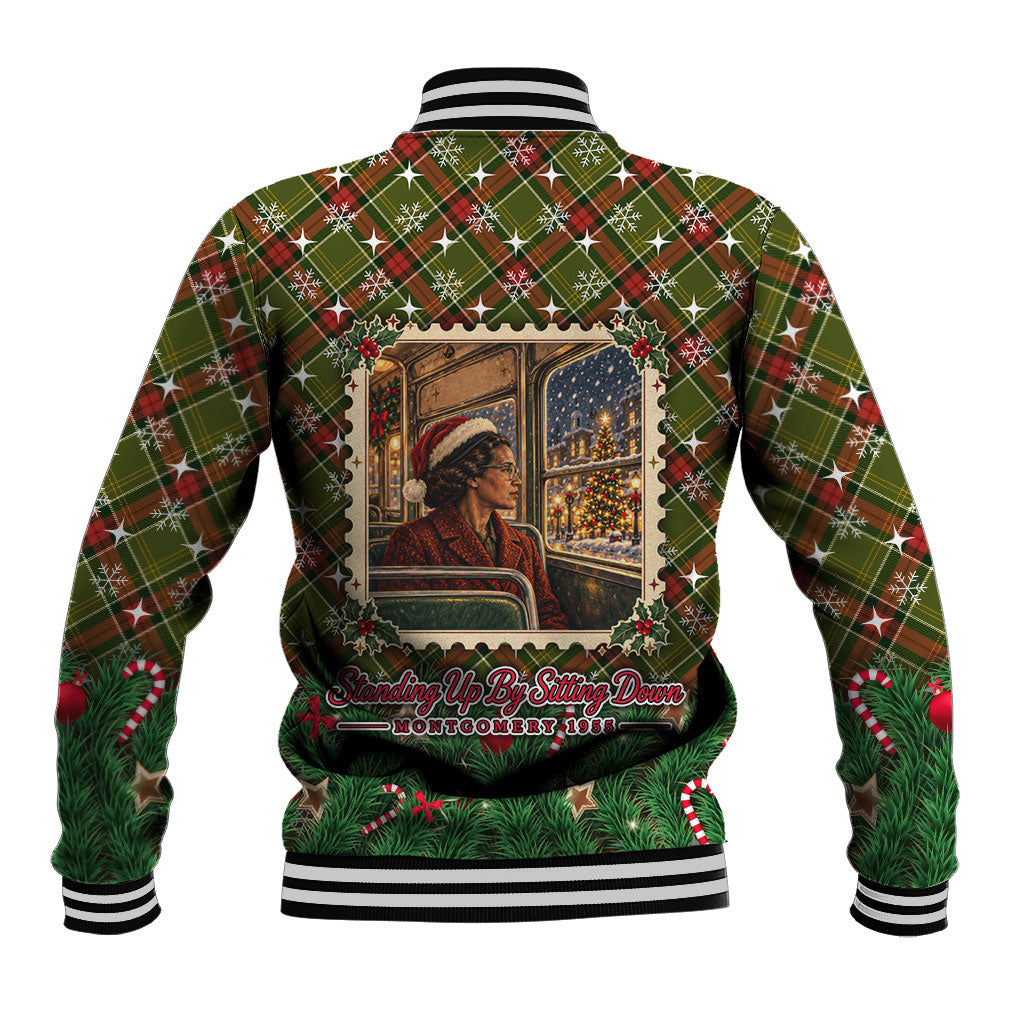 Rosa Parks Christmas Baseball Jacket Plaid Festive Stamp Vintage Civil Rights Legend