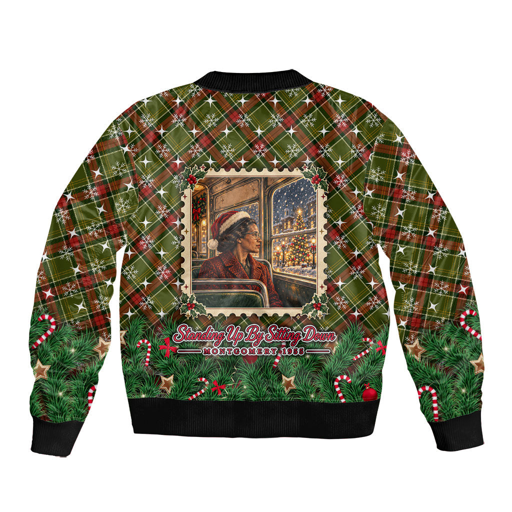 Rosa Parks Christmas Bomber Jacket Plaid Festive Stamp Vintage Civil Rights Legend