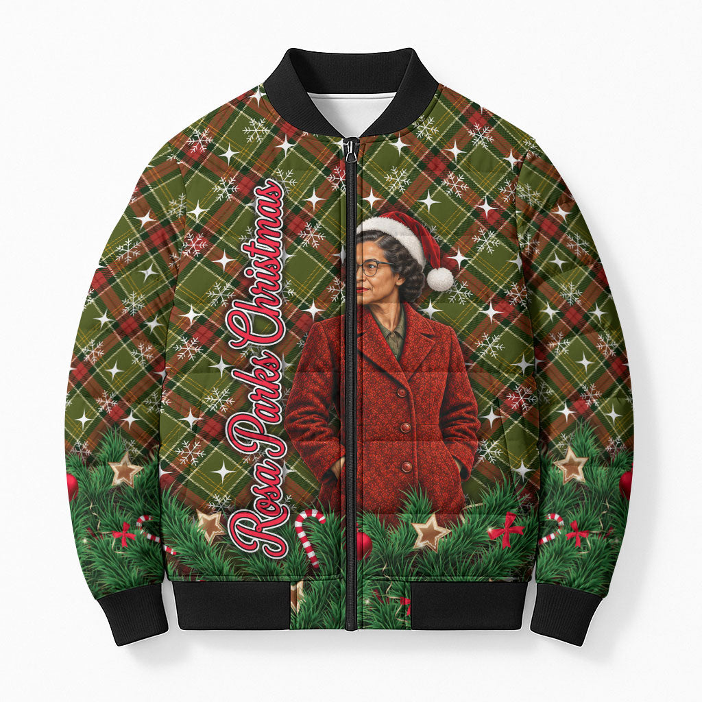 Rosa Parks Christmas Bomber Puffer Jacket Plaid Festive Stamp Vintage Civil Rights Legend
