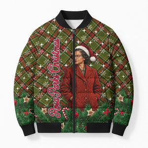 Rosa Parks Christmas Bomber Puffer Jacket Plaid Festive Stamp Vintage Civil Rights Legend