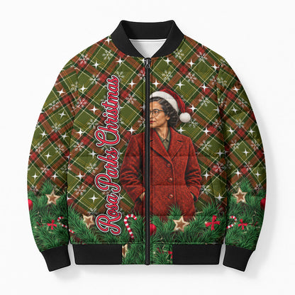 Rosa Parks Christmas Bomber Puffer Jacket Plaid Festive Stamp Vintage Civil Rights Legend