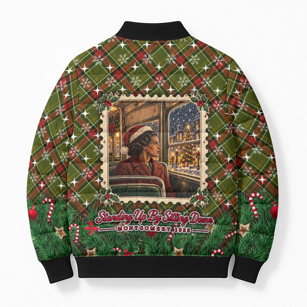 Rosa Parks Christmas Bomber Puffer Jacket Plaid Festive Stamp Vintage Civil Rights Legend