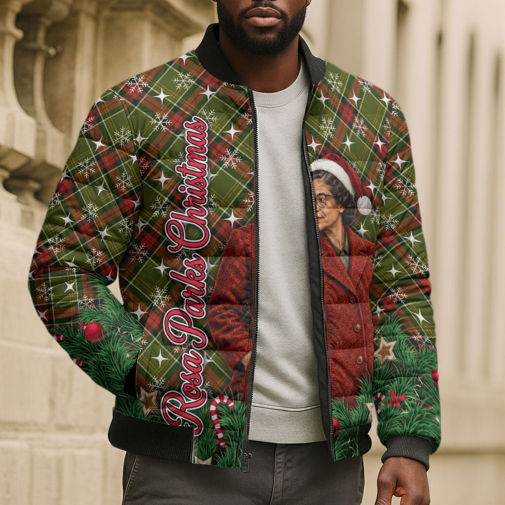 Rosa Parks Christmas Bomber Puffer Jacket Plaid Festive Stamp Vintage Civil Rights Legend