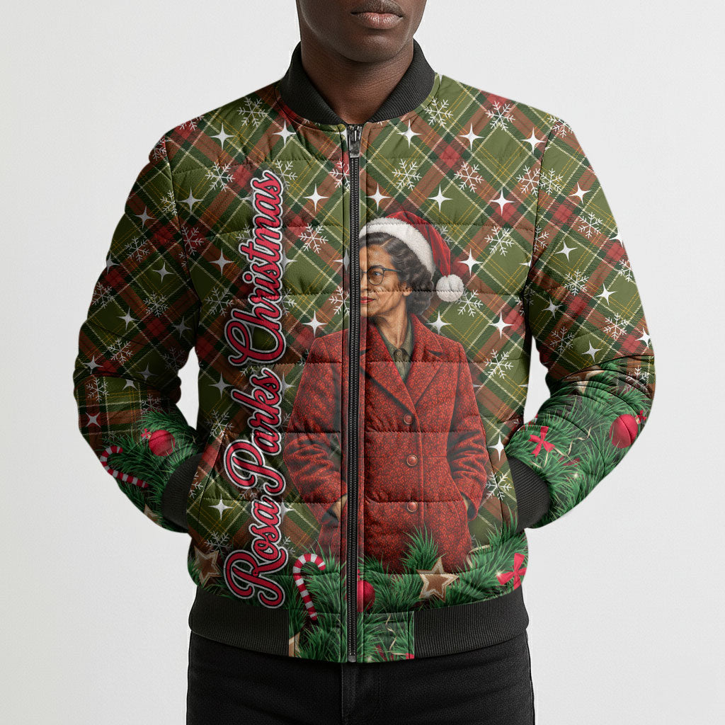 Rosa Parks Christmas Bomber Puffer Jacket Plaid Festive Stamp Vintage Civil Rights Legend