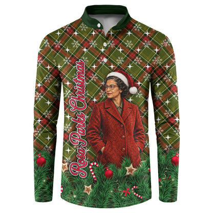Rosa Parks Christmas Button Sweatshirt Plaid Festive Stamp Vintage Civil Rights Legend