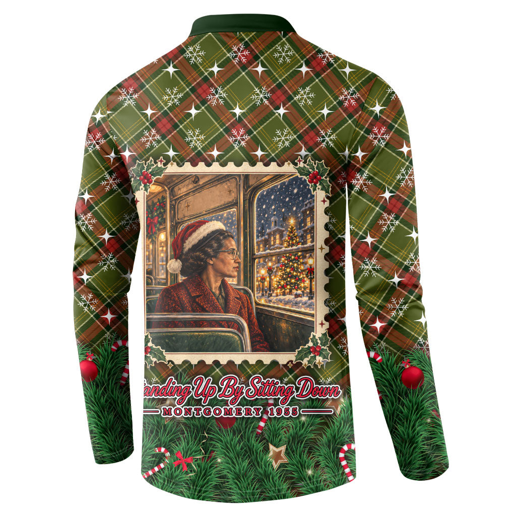 Rosa Parks Christmas Button Sweatshirt Plaid Festive Stamp Vintage Civil Rights Legend