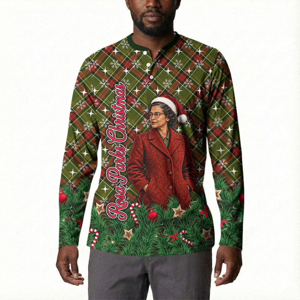 Rosa Parks Christmas Button Sweatshirt Plaid Festive Stamp Vintage Civil Rights Legend