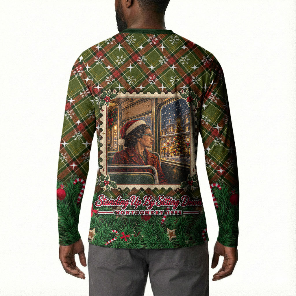 Rosa Parks Christmas Button Sweatshirt Plaid Festive Stamp Vintage Civil Rights Legend