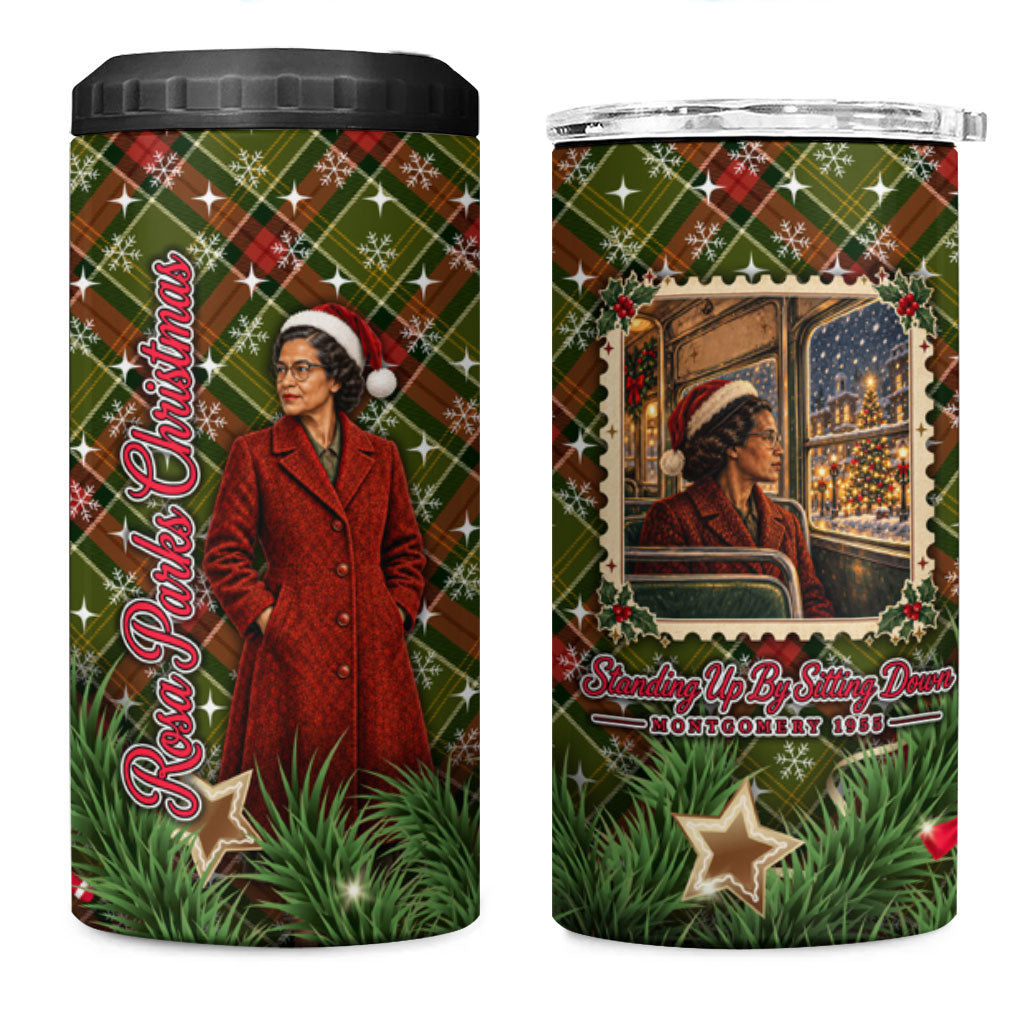 Rosa Parks Christmas 4 in 1 Can Cooler Tumbler Plaid Festive Stamp Vintage Civil Rights Legend
