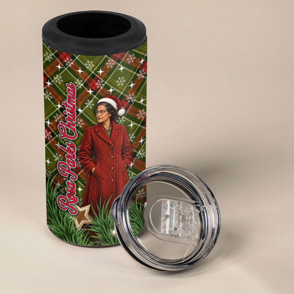 Rosa Parks Christmas 4 in 1 Can Cooler Tumbler Plaid Festive Stamp Vintage Civil Rights Legend