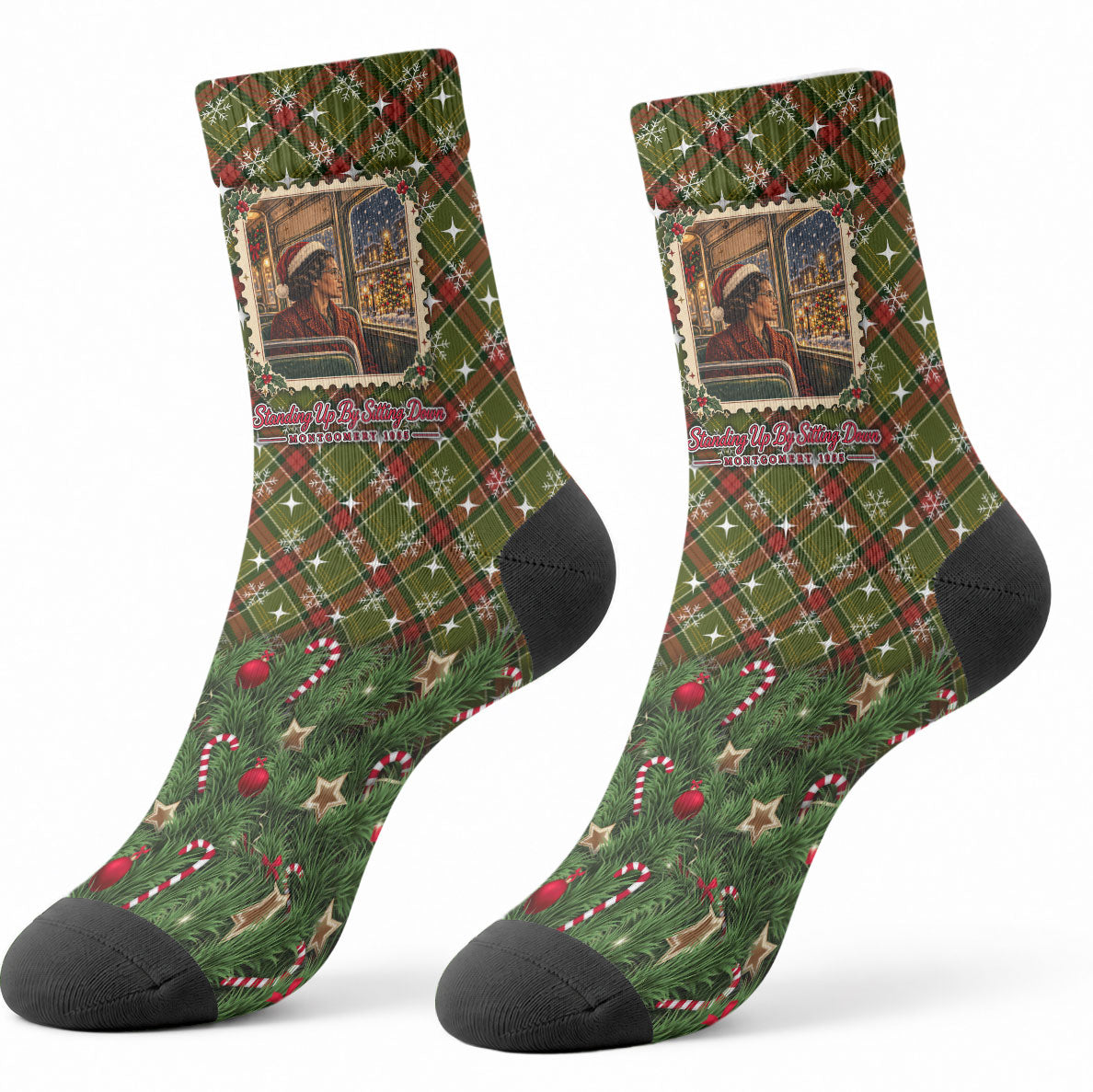 Rosa Parks Christmas Crew Socks Plaid Festive Stamp Vintage Civil Rights Legend