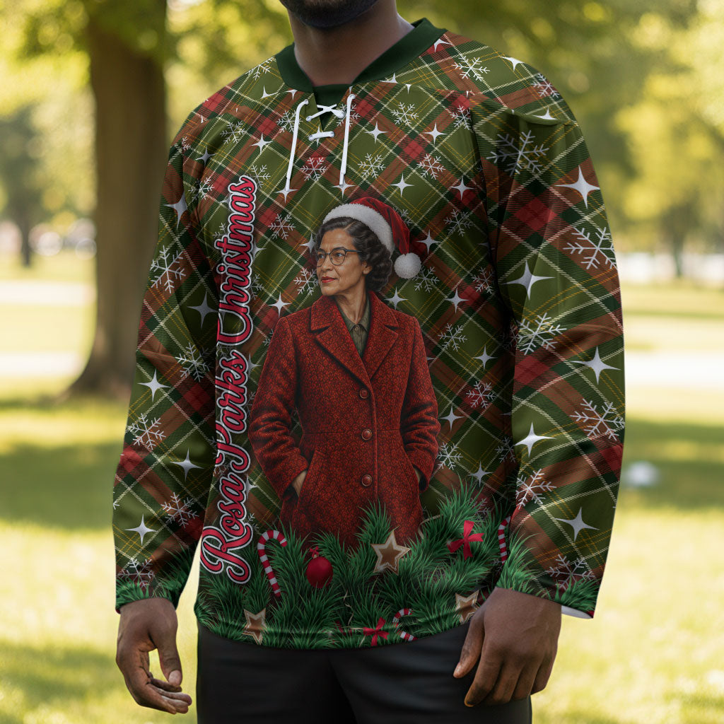 Rosa Parks Christmas Hockey Jersey Plaid Festive Stamp Vintage Civil Rights Legend