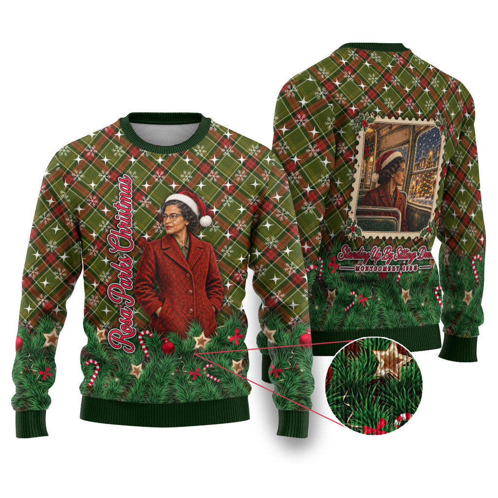 Rosa Parks Christmas Ugly Christmas Sweater Plaid Festive Stamp Vintage Civil Rights Legend