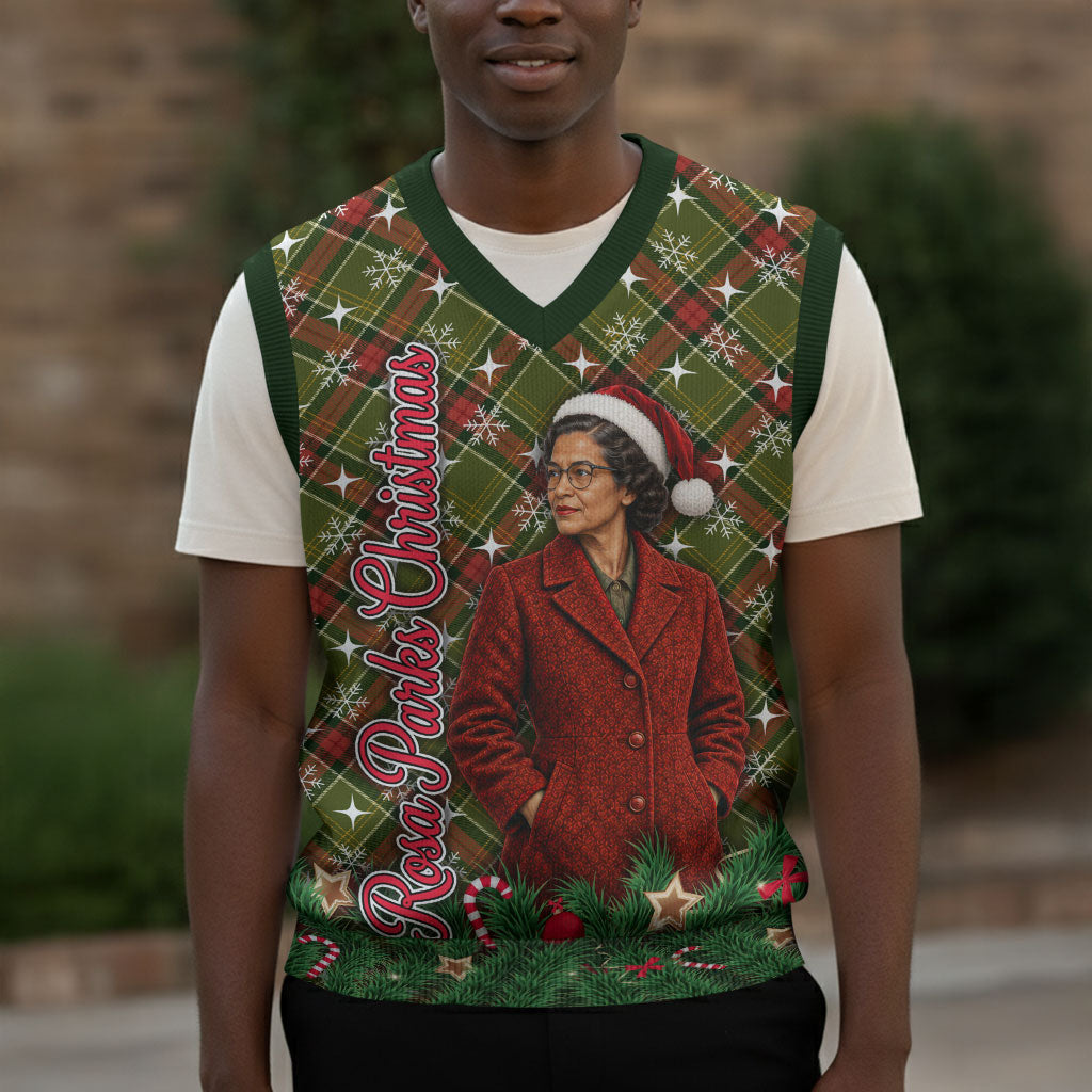 Rosa Parks Christmas Knitted V-Neck Vest Plaid Festive Stamp Vintage Civil Rights Legend