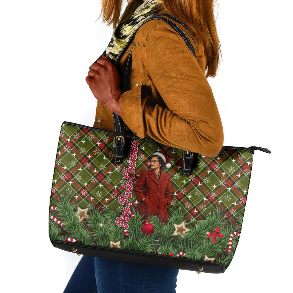 Rosa Parks Christmas Leather Tote Bag Plaid Festive Stamp Vintage Civil Rights Legend