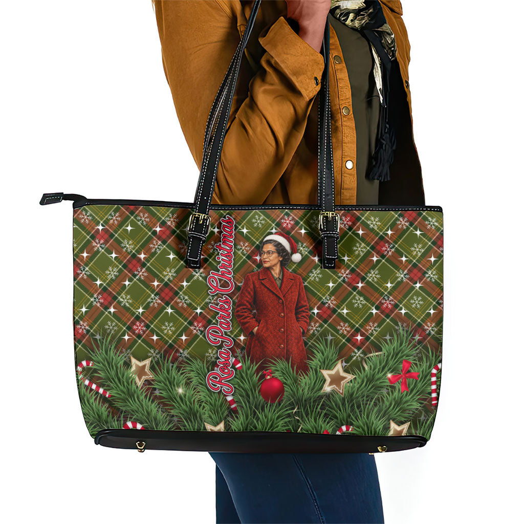 Rosa Parks Christmas Leather Tote Bag Plaid Festive Stamp Vintage Civil Rights Legend