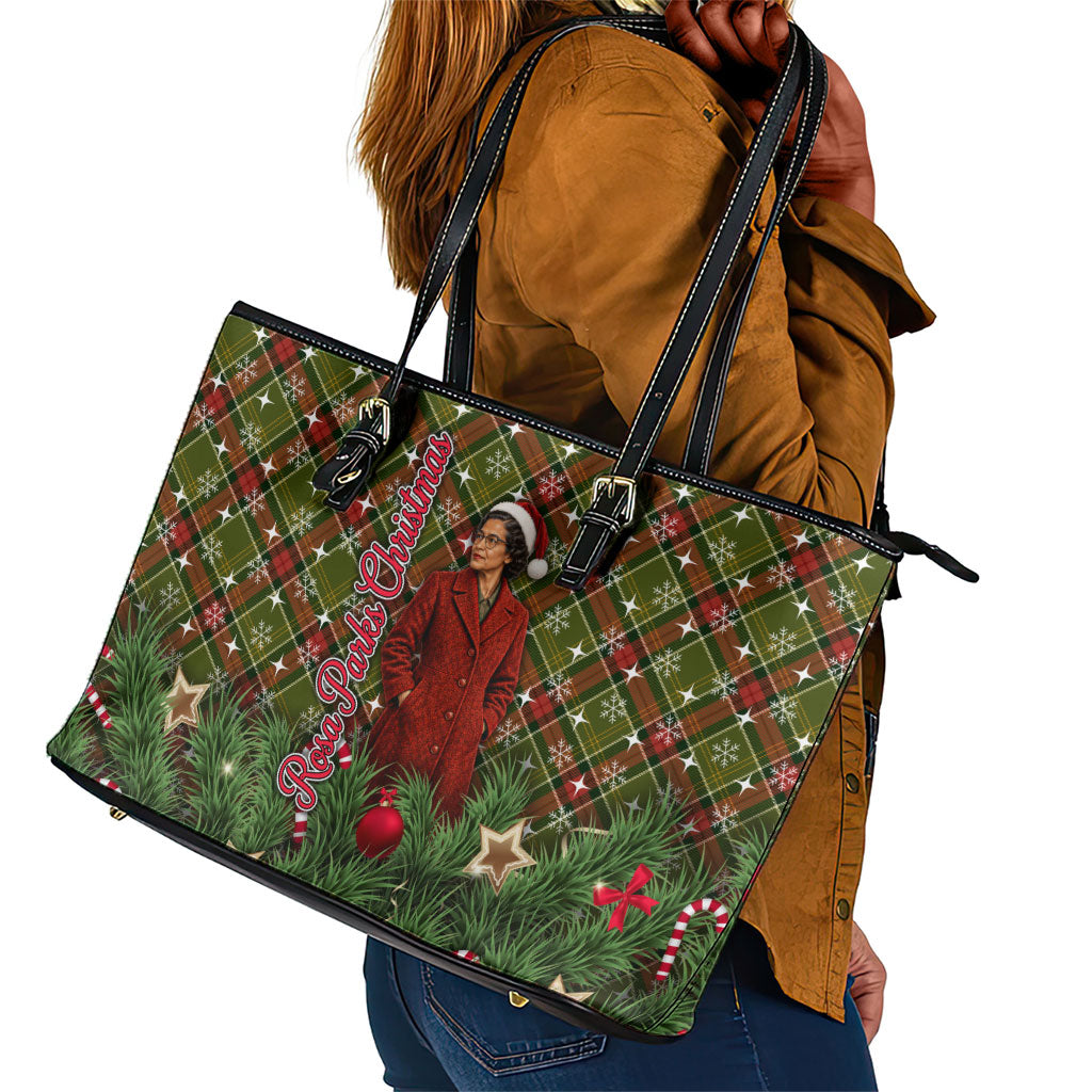 Rosa Parks Christmas Leather Tote Bag Plaid Festive Stamp Vintage Civil Rights Legend