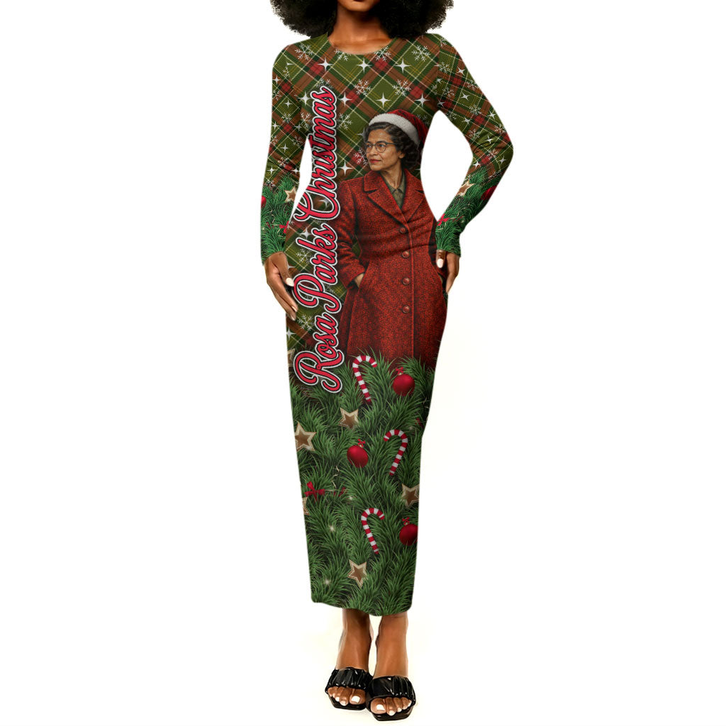 Rosa Parks Christmas Long Sleeve Bodycon Dress Plaid Festive Stamp Vintage Civil Rights Legend