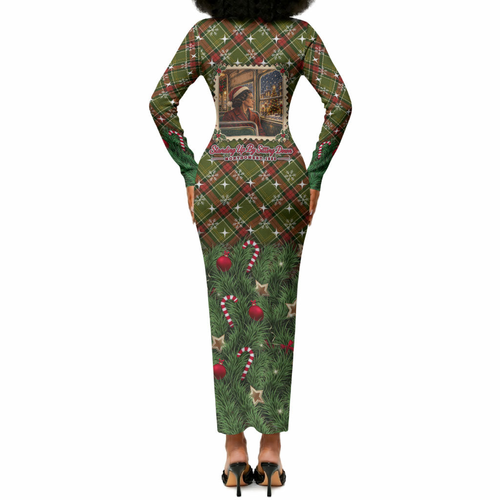Rosa Parks Christmas Long Sleeve Bodycon Dress Plaid Festive Stamp Vintage Civil Rights Legend