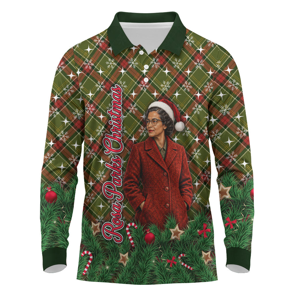 Rosa Parks Christmas Long Sleeve Polo Shirt Plaid Festive Stamp Vintage Civil Rights Legend