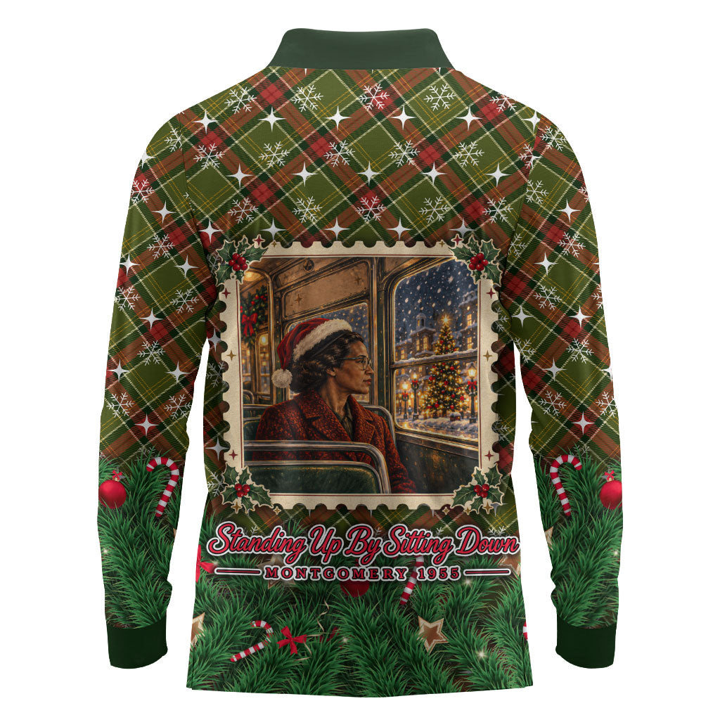 Rosa Parks Christmas Long Sleeve Polo Shirt Plaid Festive Stamp Vintage Civil Rights Legend