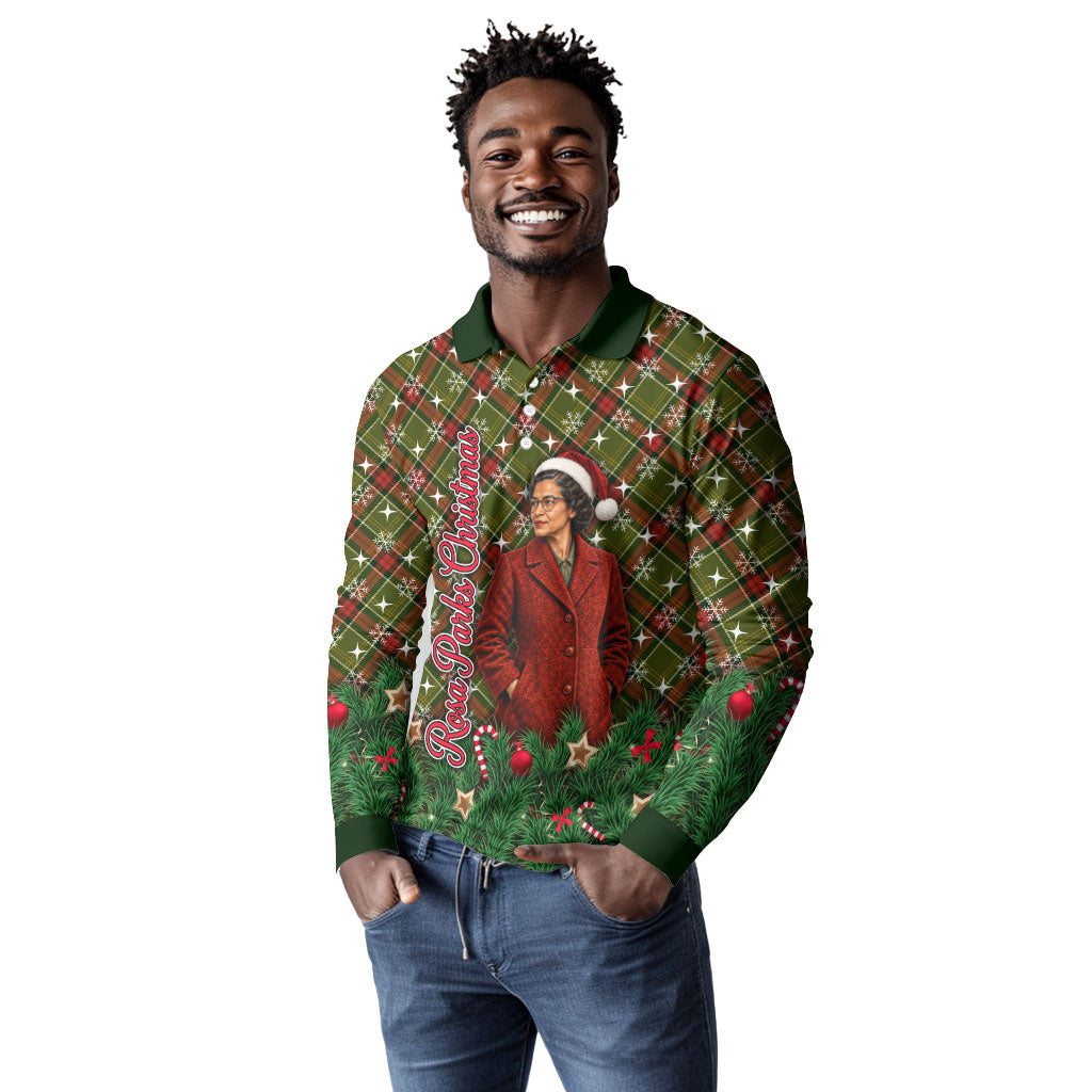 Rosa Parks Christmas Long Sleeve Polo Shirt Plaid Festive Stamp Vintage Civil Rights Legend