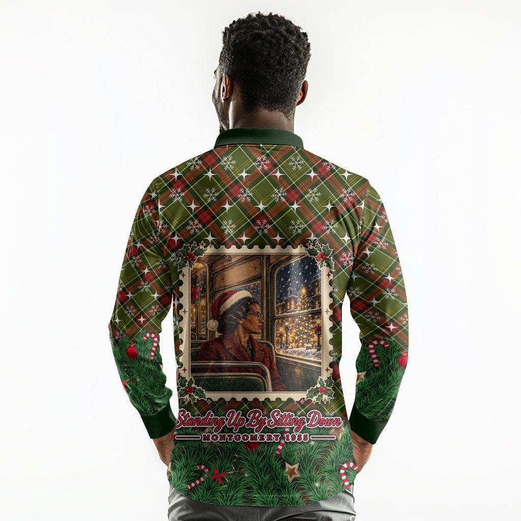 Rosa Parks Christmas Long Sleeve Polo Shirt Plaid Festive Stamp Vintage Civil Rights Legend