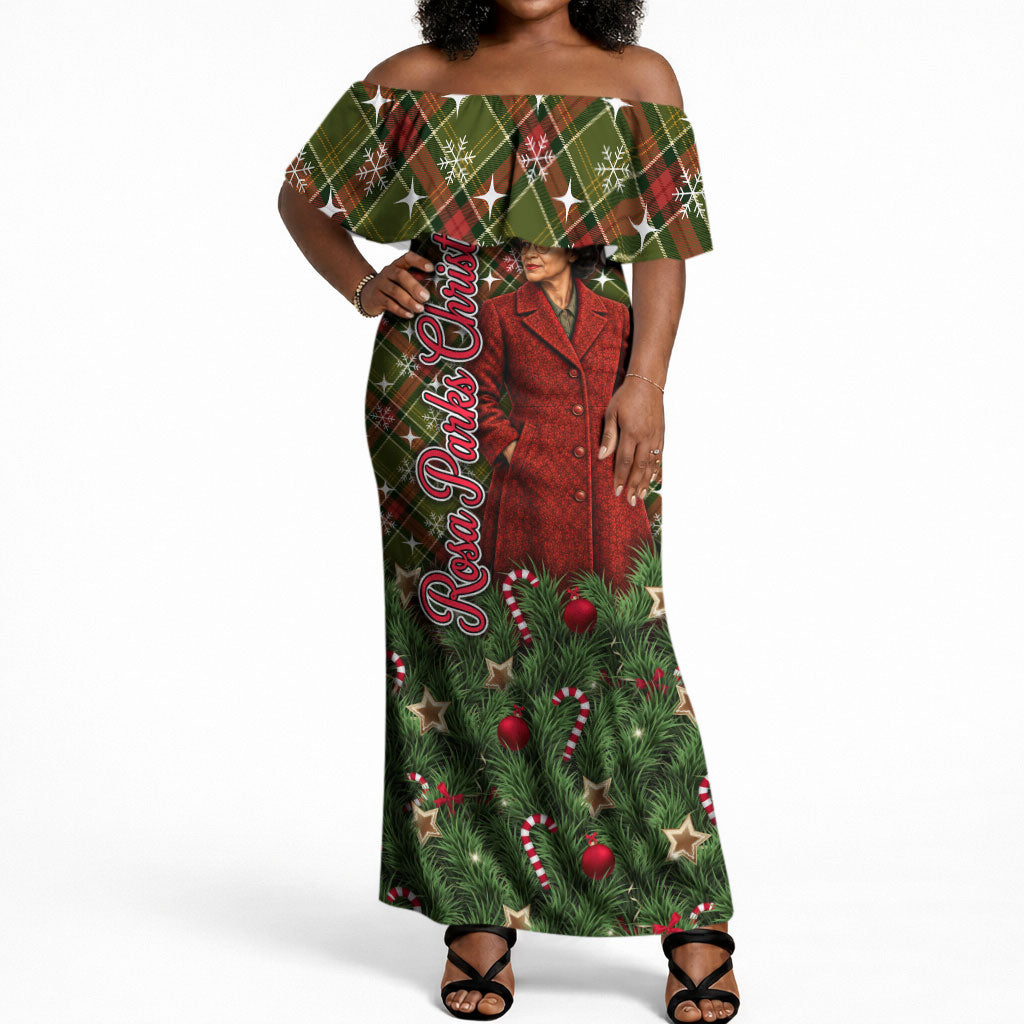 Rosa Parks Christmas Off Shoulder Maxi Dress Plaid Festive Stamp Vintage Civil Rights Legend