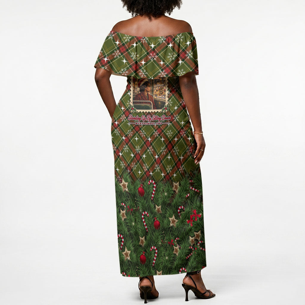 Rosa Parks Christmas Off Shoulder Maxi Dress Plaid Festive Stamp Vintage Civil Rights Legend