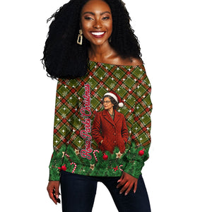 Rosa Parks Christmas Off Shoulder Sweater Plaid Festive Stamp Vintage Civil Rights Legend